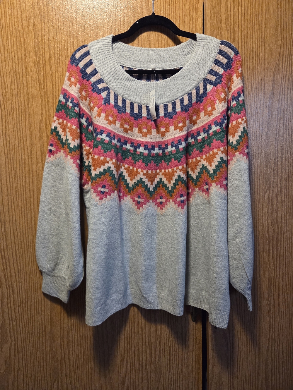 Maurices Light Gray Crewneck Sweater with Multicolor Fair Isle Yoke